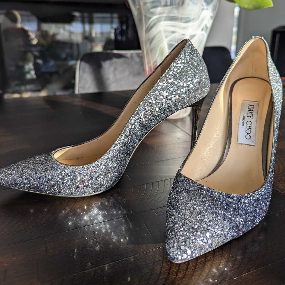 Jimmy Choo Romy 100 Navy Silver Ombre Glitter Stiletto Heels Pump EU 39.5 US 9.5